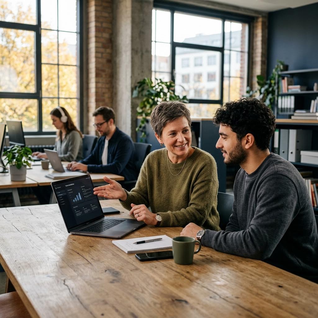 Ein Team bespricht gemeinsam Arbeitsabläufe an einer Werkbank mit Laptops.