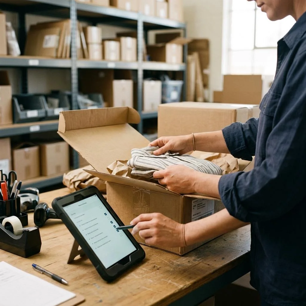 Eine Warenrücksendung wird anhand einer digitalen Checkliste geprüft.