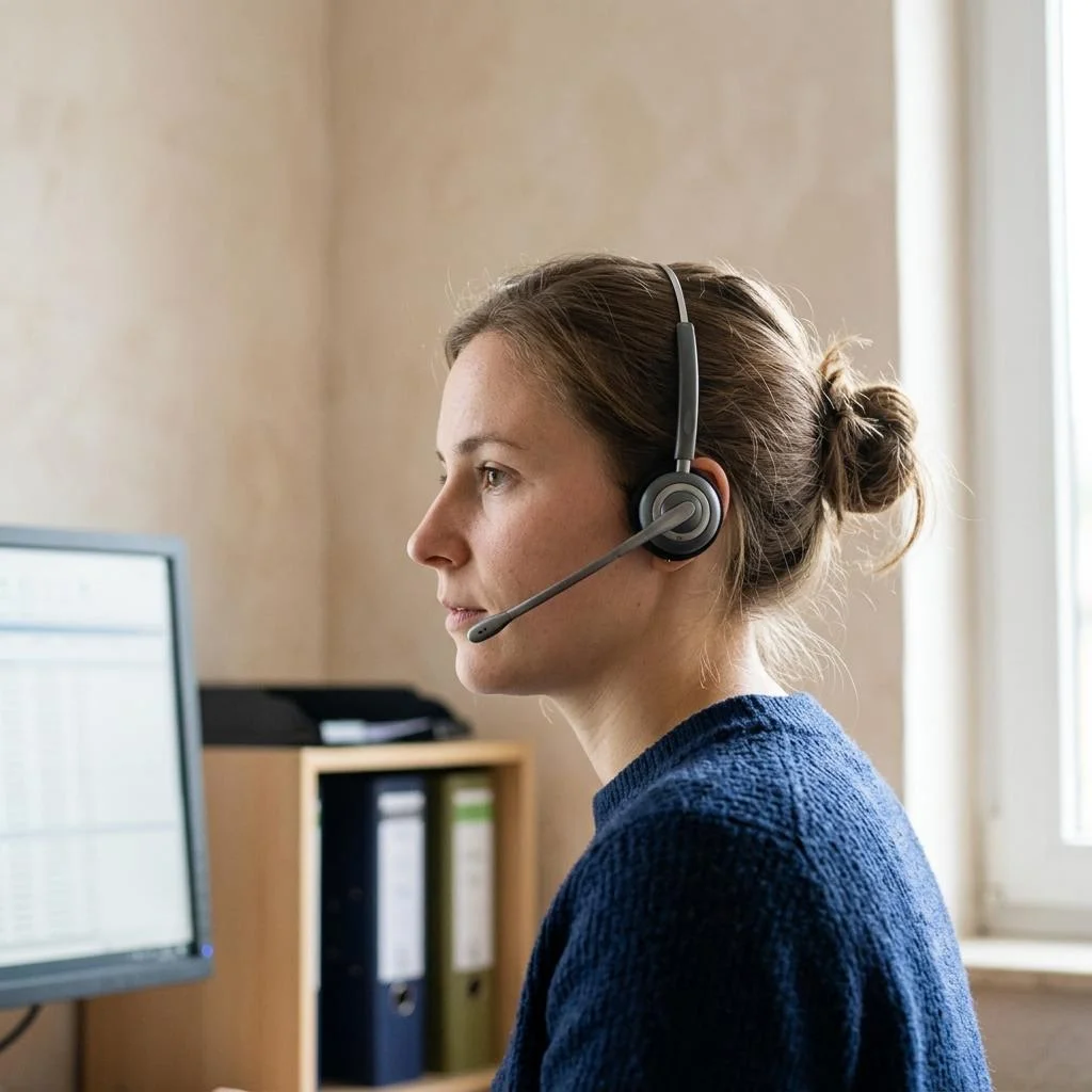 Eine Mitarbeiterin mit Headset arbeitet im Kundenservice.