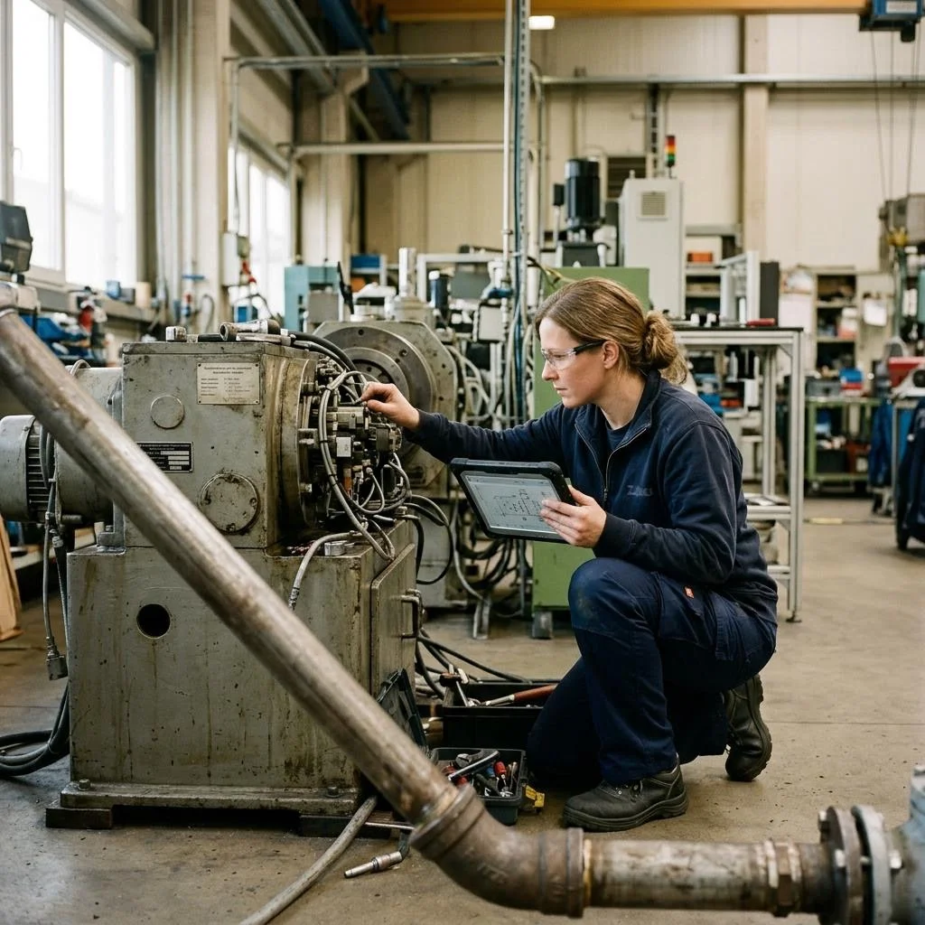 Eine Technikerin arbeitet mit einem Tablet an einer Industriemaschine.