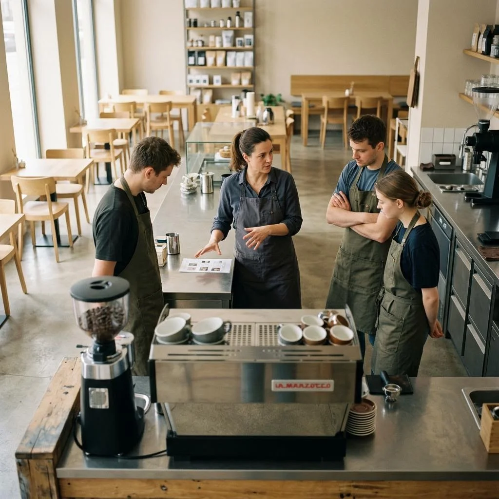 Ein Team wird an einer Cafétheke geschult.