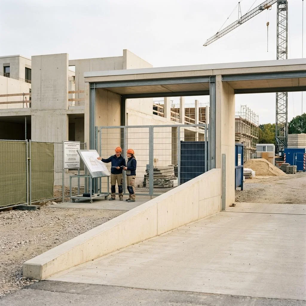 Zwei Fachkräfte besprechen auf einer Baustelle gemeinsam einen Bauplan.